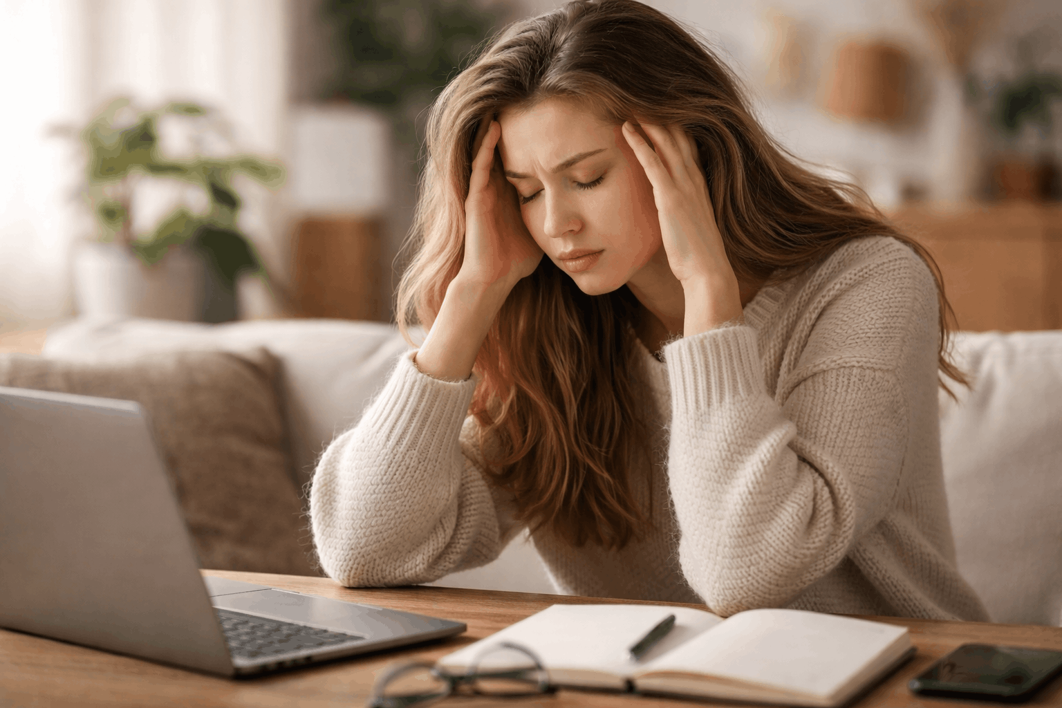 Gestresste und überreizte Frau mit Kopfschmerzen – mögliche Symptome bei Schilddrüse Überfunktion und innerer Unruhe