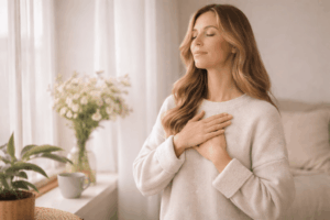 Frau macht kurze Atempause am Fenster zur Nervensystem Regulierung und Stressabbau im Alltag