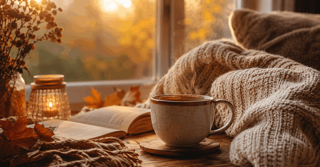 Gemütliche Herbstszene mit warmem Tee, weicher Decke und stimmungsvollem Licht für einen entspannten Herbstabend