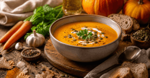 Warme Herbstsuppe mit frischem Gemüse in gemütlicher Herbstküche für eine gesunde und nährstoffreiche Ernährung