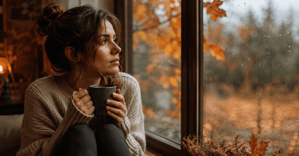 Frau mit Tee am Fenster in herbstlicher Stimmung mit nachdenklichem Blick und gemütlicher Atmosphäre zur Gesundheit im Herbst und innerer Unruhe