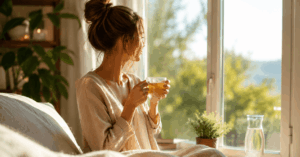 Frau sitzt morgens entspannt mit Tee am Fenster und genießt einen ruhigen Start in den Tag ohne Kaffee zur Stressbewältigung und Beruhigung des Nervensystems.
