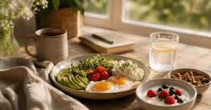 Gesundes Frühstück mit eiweißreichen Lebensmitteln in ruhiger Atmosphäre für stabile Energie ohne Kaffee und einen entspannten Start in den Tag.