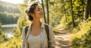 Frau spaziert entspannt durch die Natur und genießt Ruhe, frische Luft und Stressabbau zur Beruhigung des Nervensystems.