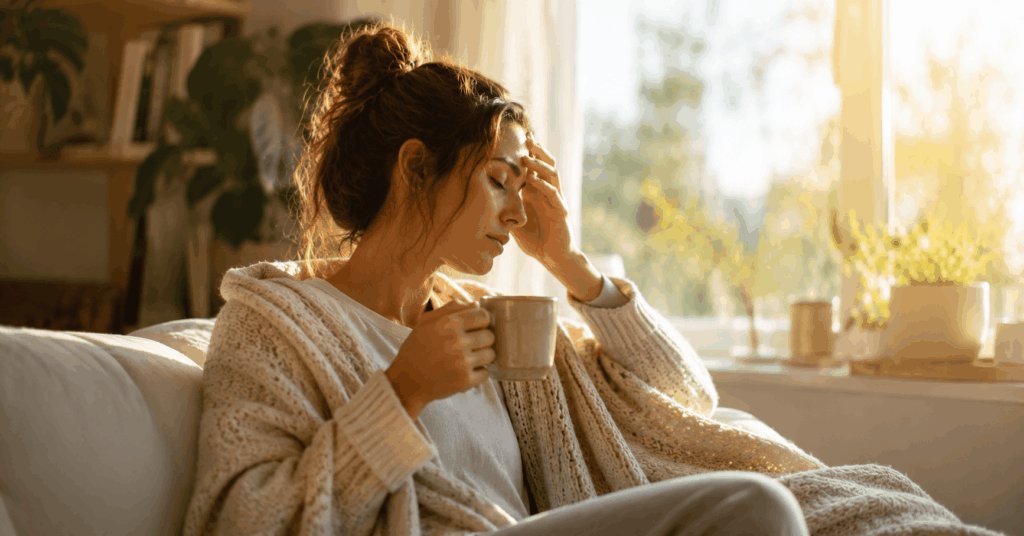 Erschöpfte Frau sitzt mit Kaffeetasse am Morgen und wirkt müde trotz Kaffee – Symbolbild für chronische Erschöpfung, Stress und überlastetes Nervensystem.