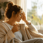 7 Gründe, warum Kaffee dir Energie raubt Erschöpfte Frau sitzt mit Kaffeetasse am Morgen und wirkt müde trotz Kaffee – Symbolbild für chronische Erschöpfung, Stress und überlastetes Nervensystem.