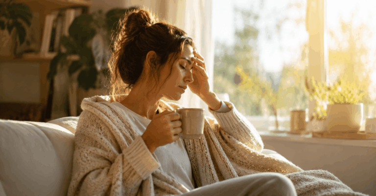 Erschöpfte Frau sitzt mit Kaffeetasse am Morgen und wirkt müde trotz Kaffee – Symbolbild für chronische Erschöpfung, Stress und überlastetes Nervensystem.