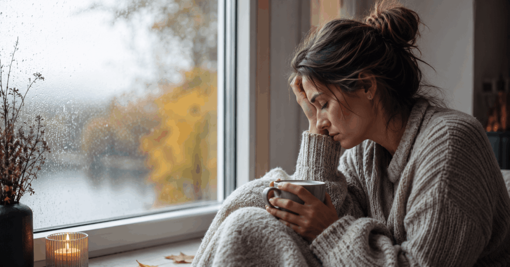 Erschöpfte Frau sitzt mit einer Tasse Tee am Fenster und blickt müde nach draußen. Das Bild symbolisiert Dauerstress, Erschöpfung, innere Unruhe und ein geschwächtes Immunsystem.