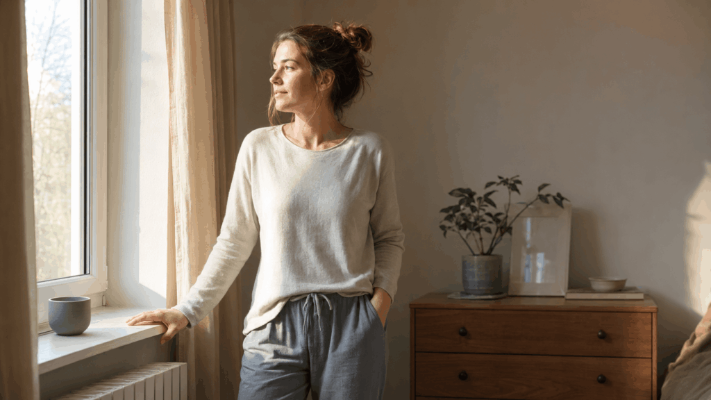 Frau steht bei Derealisation durch Angst ruhig im Morgenlicht am Fenster und orientiert sich im Raum