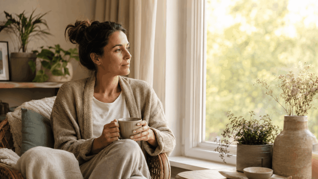 Durchfall durch Stress – Frau sitzt mit einer Tasse entspannt am Fenster