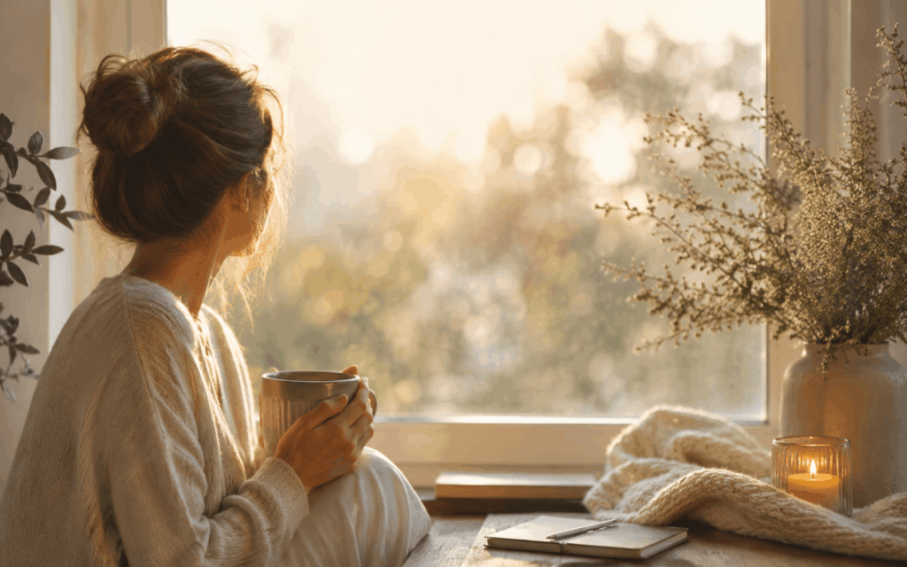 Innere Unruhe bekämpfen mit einem ruhigen Morgen am Fenster und warmem Licht