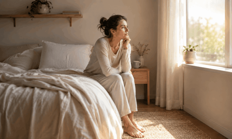 Angst am Morgen – nachdenkliche Frau sitzt im sanften Morgenlicht am Fenster