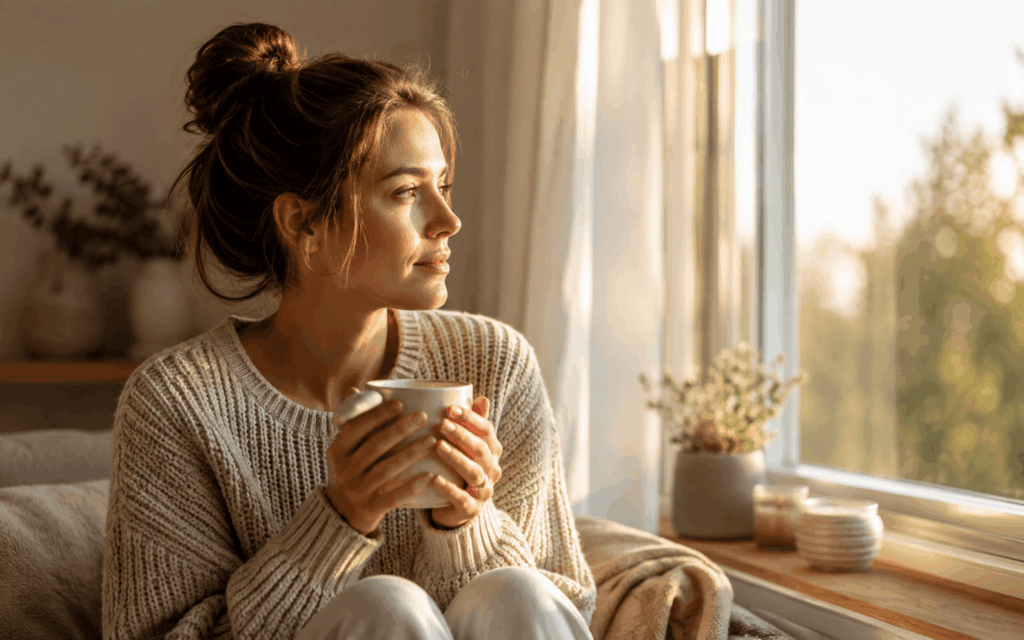Frau hält an einem ruhigen Morgen eine warme Tasse am Fenster – sanfte Unterstützung bei PMS und Angst.