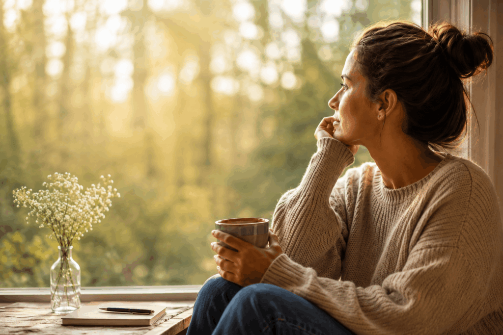 Verstopfung durch Stress – Frau sitzt mit einer Tasse am Fenster und gönnt sich eine ruhige Auszeit