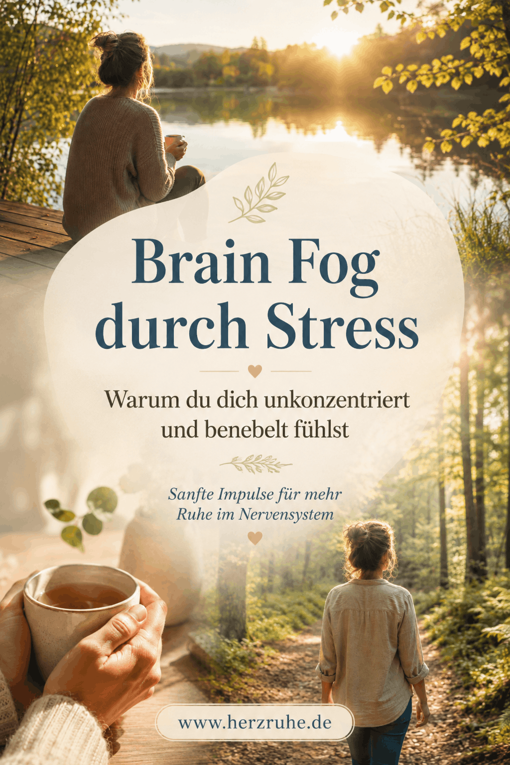 Pinterest Pin zu Brain Fog durch Stress mit Frau am See, Waldspaziergang und ruhiger Tasse als Symbol für Entlastung und Nervensystemregulation