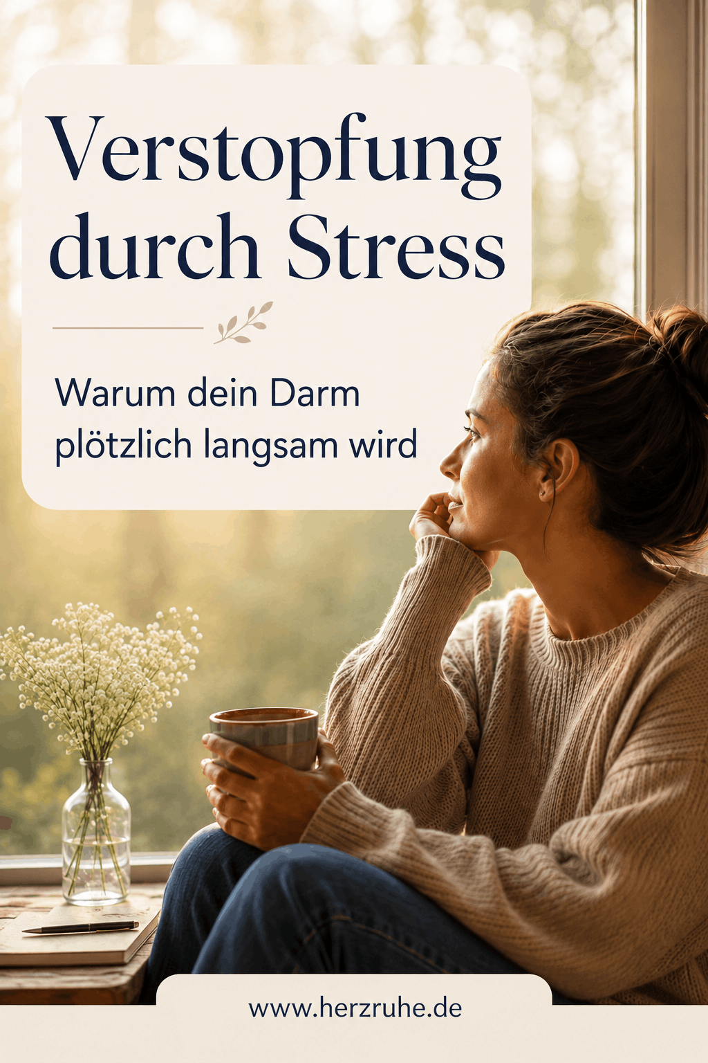 Verstopfung durch Stress – Pinterest-Pin mit Frau am Fenster und Hinweis auf mögliche Zusammenhänge zwischen Stress und träger Verdauung