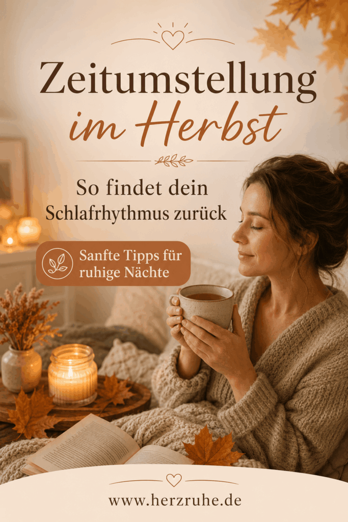 Zeitumstellung Herbst – Pinterest Pin mit Frau bei ruhiger Abendroutine und Tipps für einen ausgeglichenen Schlafrhythmus