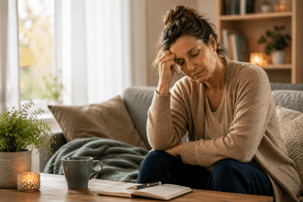 Herbstmüdigkeit – erschöpfte Frau sitzt müde im Wohnzimmer und braucht eine Pause
