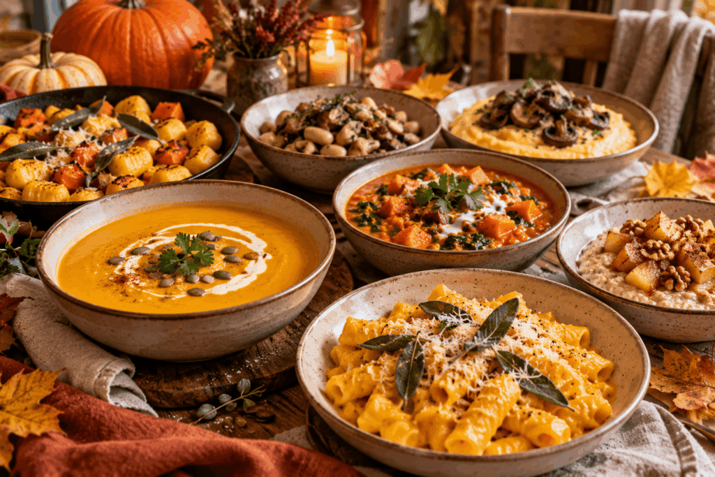 Herbstrezepte mit Kürbissuppe, Kürbis-Pasta, Linsen-Curry, Pilzen und warmem Apfel-Porridge auf einem gemütlich gedeckten Herbsttisch