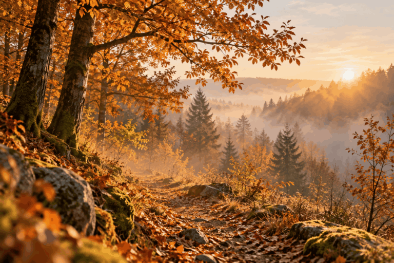 Nervensystem regulieren im November – nebeliger Herbstwald mit goldenem Laub und sanftem Morgenlicht als Symbol für Ruhe und Erholung.
