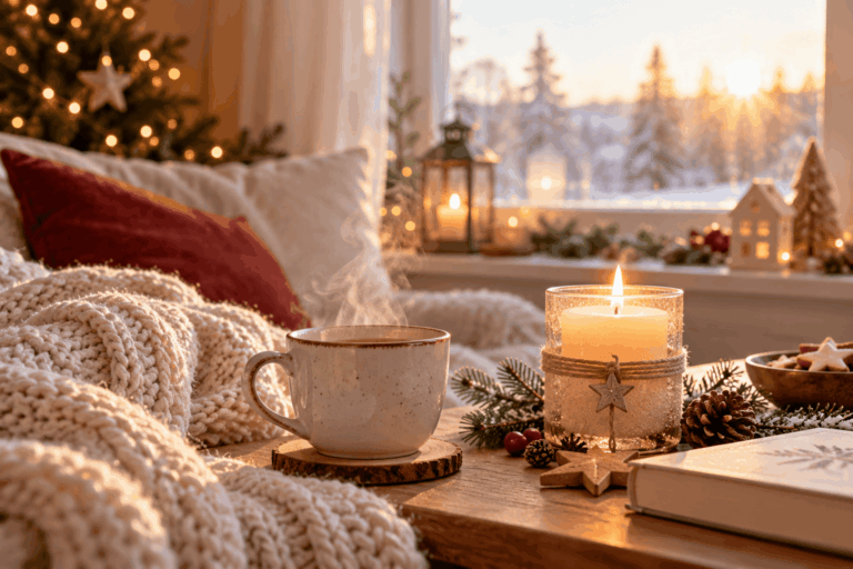 Weihnachtsstress vermeiden: Gemütlicher Adventsmorgen mit brennender Kerze, warmem Tee und sanftem Tageslicht als Symbol für Ruhe und Selbstfürsorge.