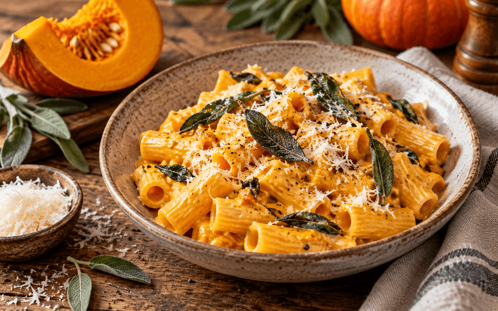 Herbstrezepte — cremige Kürbis-Pasta mit Rigatoni, Salbei und Parmesan für ein schnelles herbstliches Wohlfühlgericht