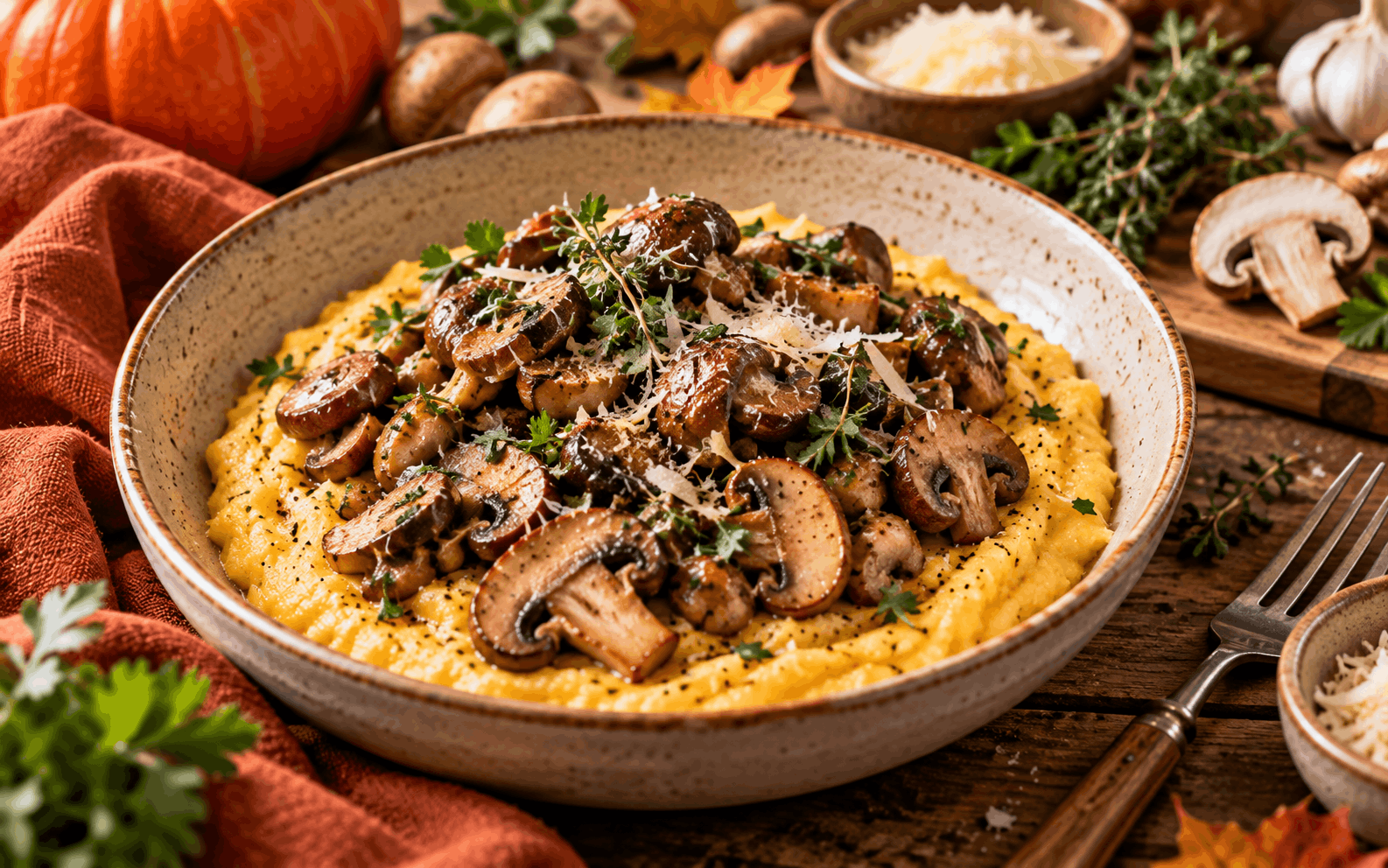Herbstrezepte — cremige Polenta mit gebratenen Champignons, Parmesan und Thymian als wärmendes Herbstgericht