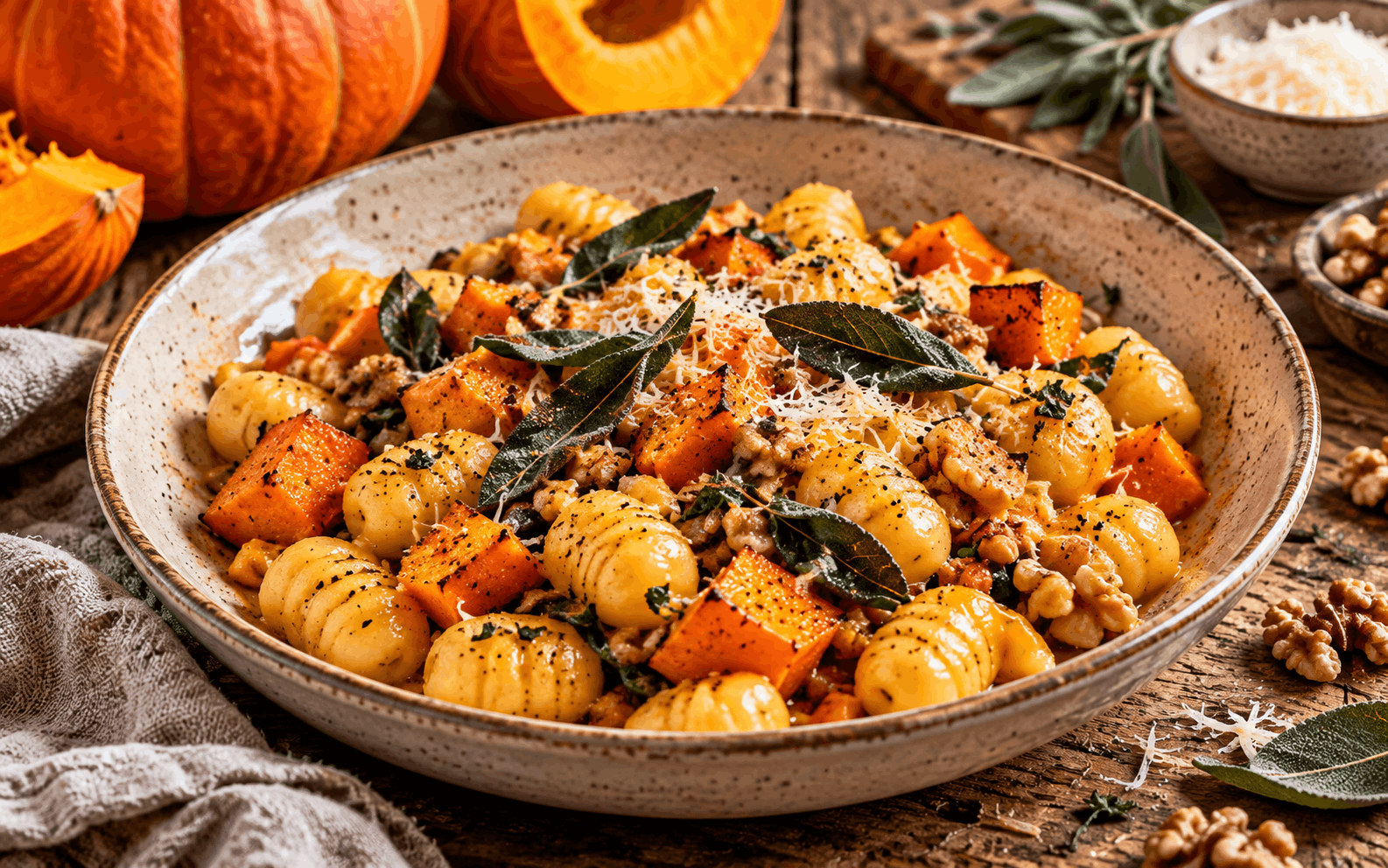 Herbstrezepte — knusprige Gnocchi-Kürbis-Pfanne mit Hokkaido, Salbei und Parmesan für kalte Herbsttage