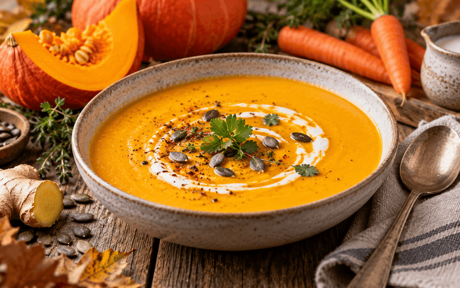 Herbstrezepte — cremige Kürbis-Karotten-Suppe mit Ingwer, Kokosmilch und Kürbiskernen für kalte Herbsttage
