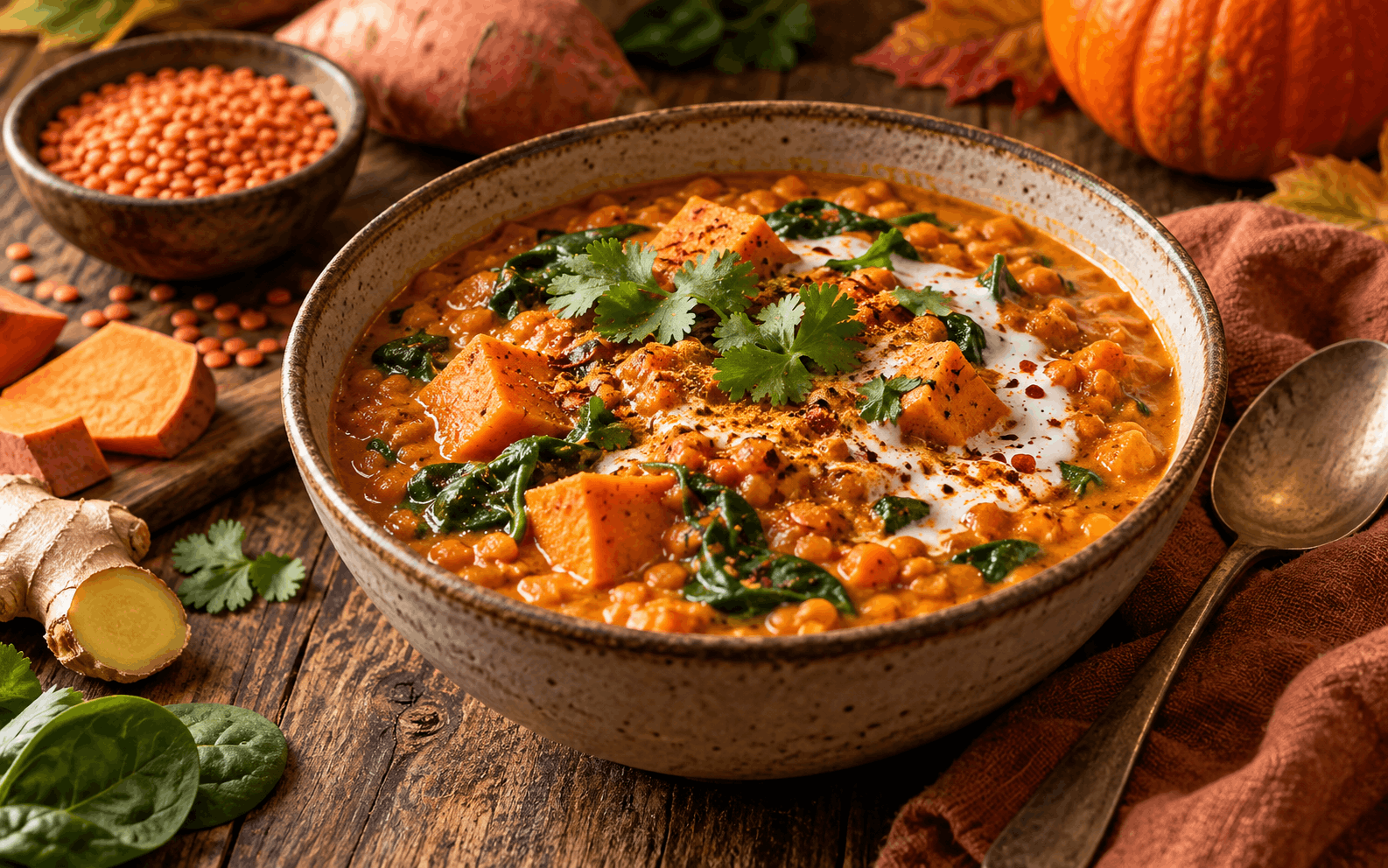 Herbstrezepte — cremiges rotes Linsen-Curry mit Süßkartoffel, Spinat und Kokosmilch für kalte Herbsttage