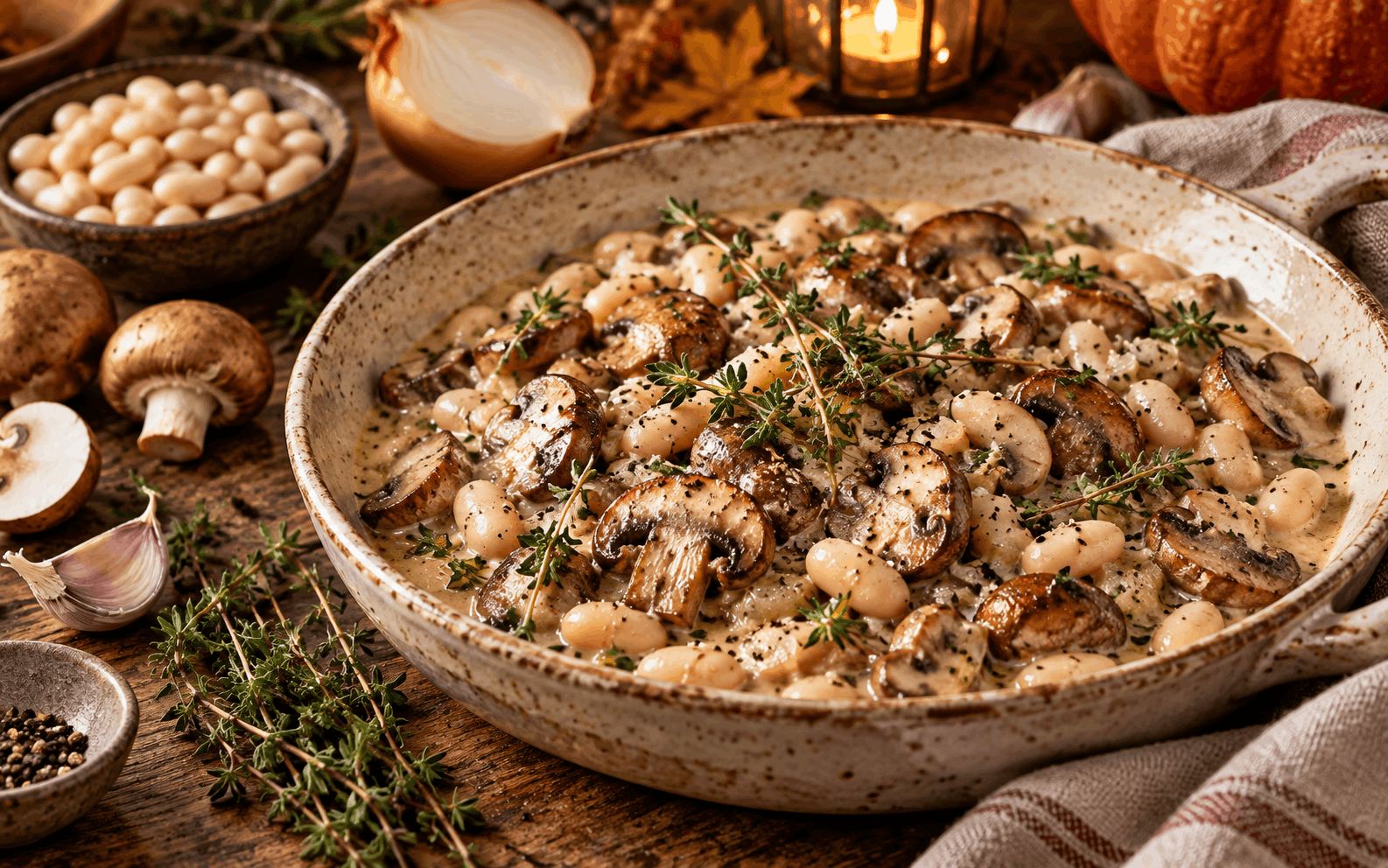 Herbstrezepte — cremige Pilz-Bohnen-Pfanne mit braunen Champignons, weißen Bohnen und Thymian