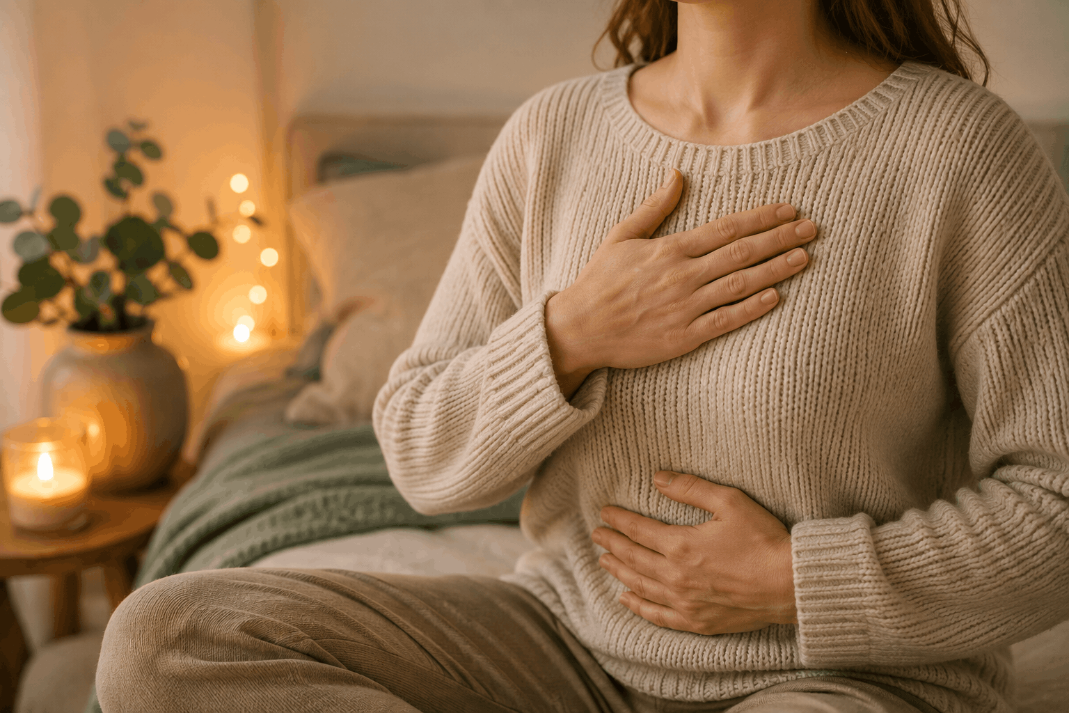 Zeitumstellung Herbst — Hände auf Brust und Bauch bei einer sanften Atemübung